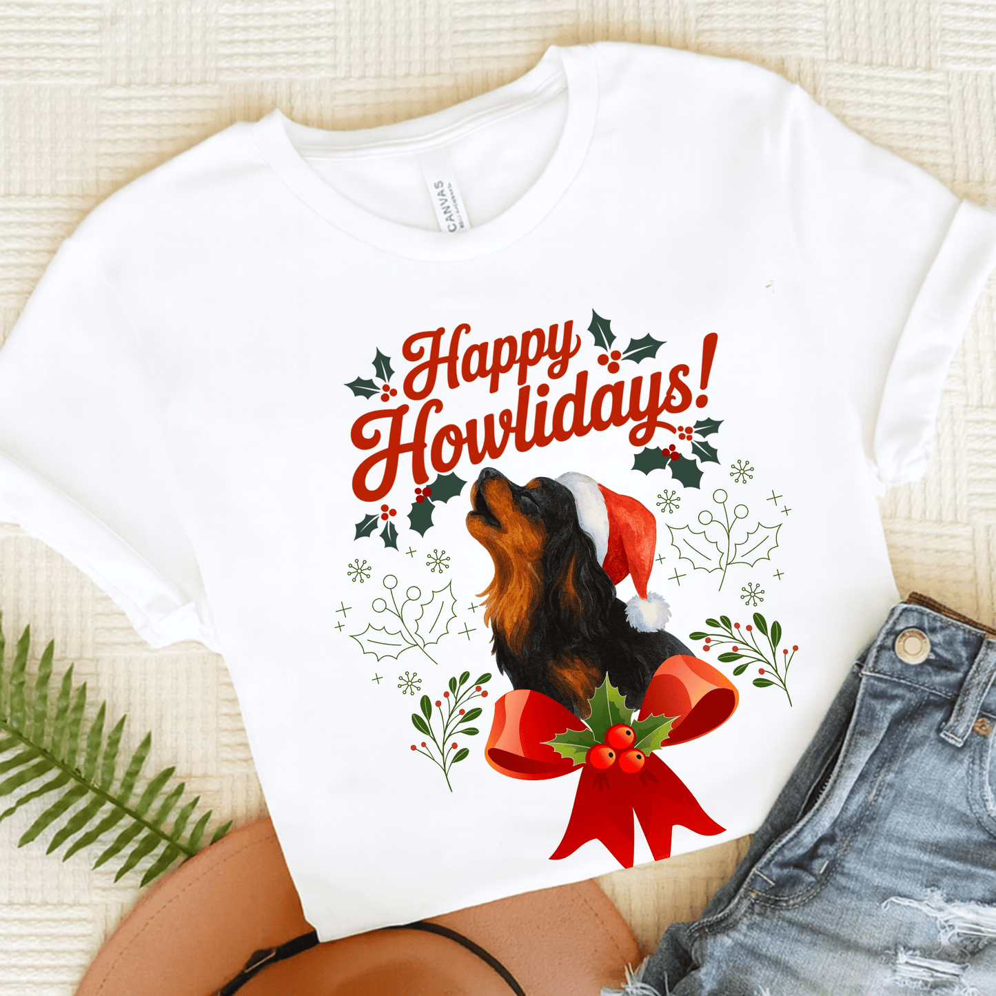 Printify T-Shirt White / S Black and Tan Cavalier King Charles Howlidays TShirt