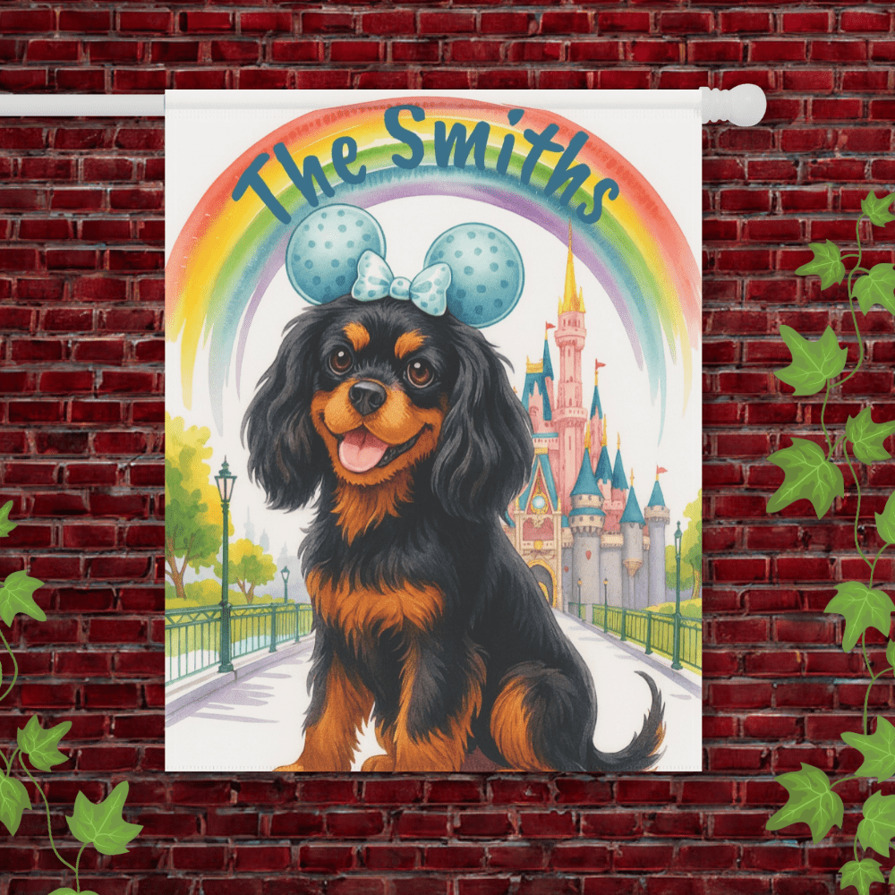 Printify Garden Flag 24.5'' × 32'' Black and Tan Cavalier King Charles Magical Kingdom Garden Flag