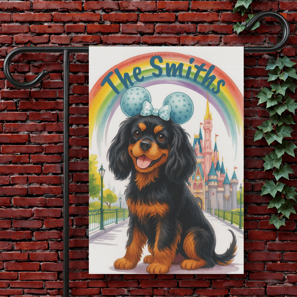 Printify Garden Flag 12'' × 18'' Black and Tan Cavalier King Charles Magical Kingdom Garden Flag