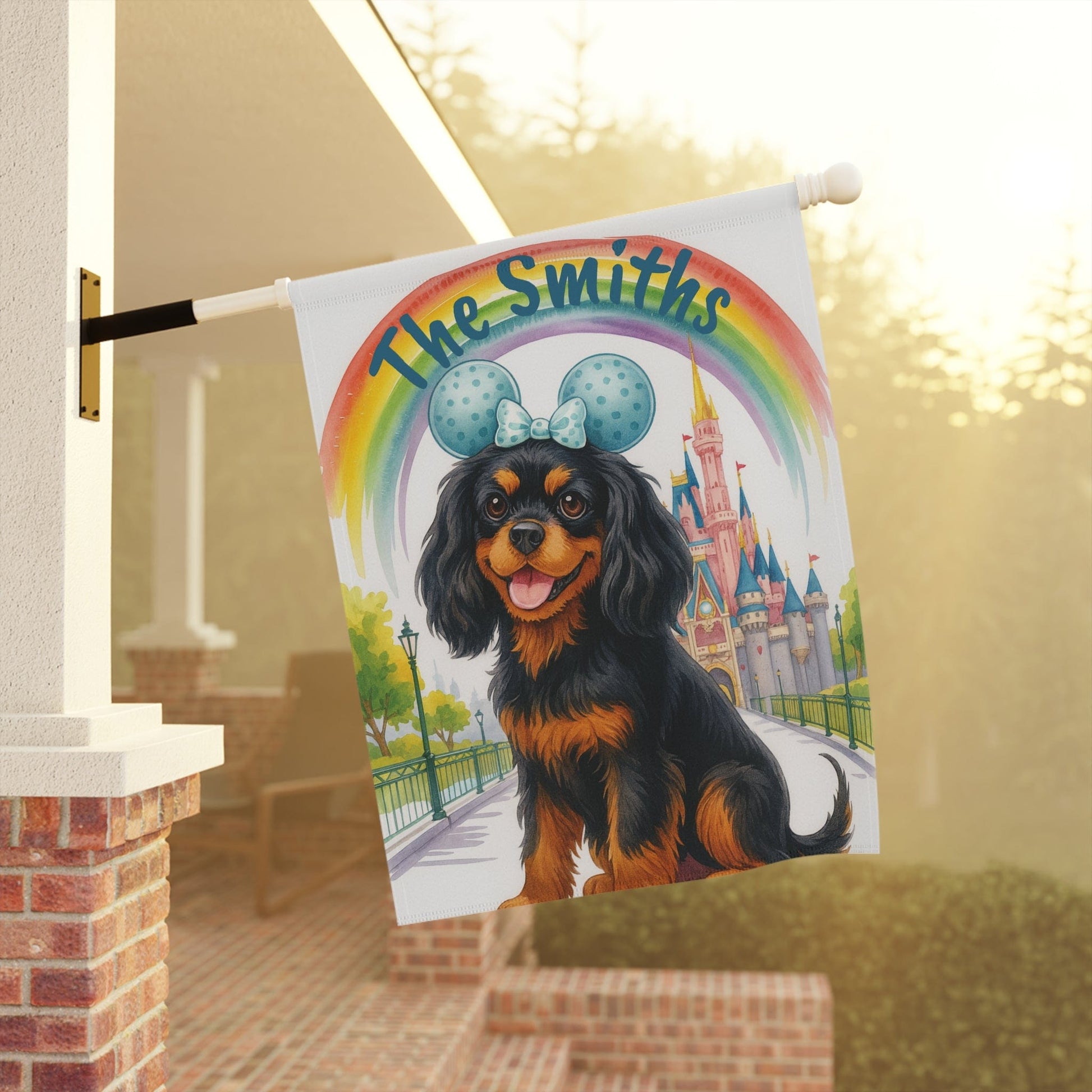 Printify Garden Flag Black and Tan Cavalier King Charles Magical Kingdom Garden Flag