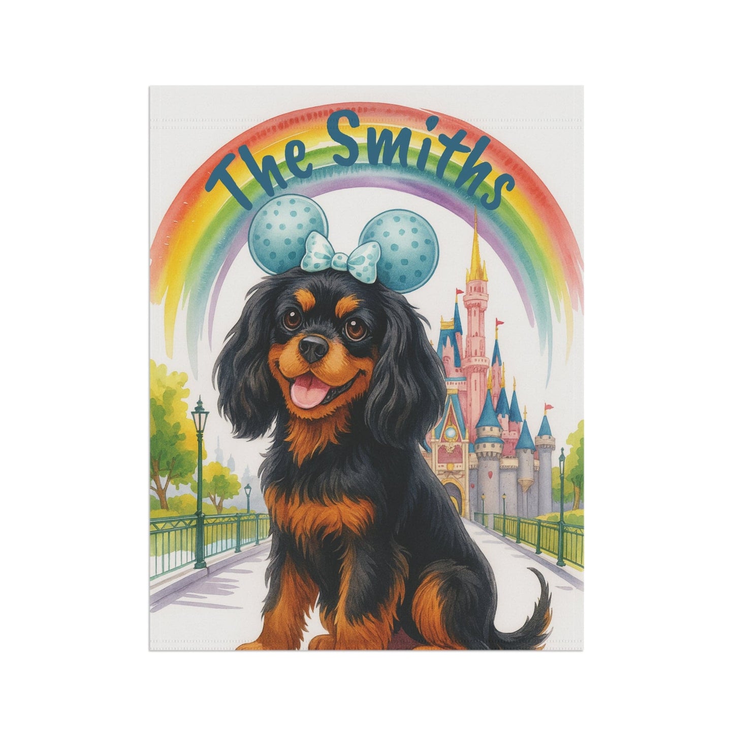 Printify Garden Flag Black and Tan Cavalier King Charles Magical Kingdom Garden Flag
