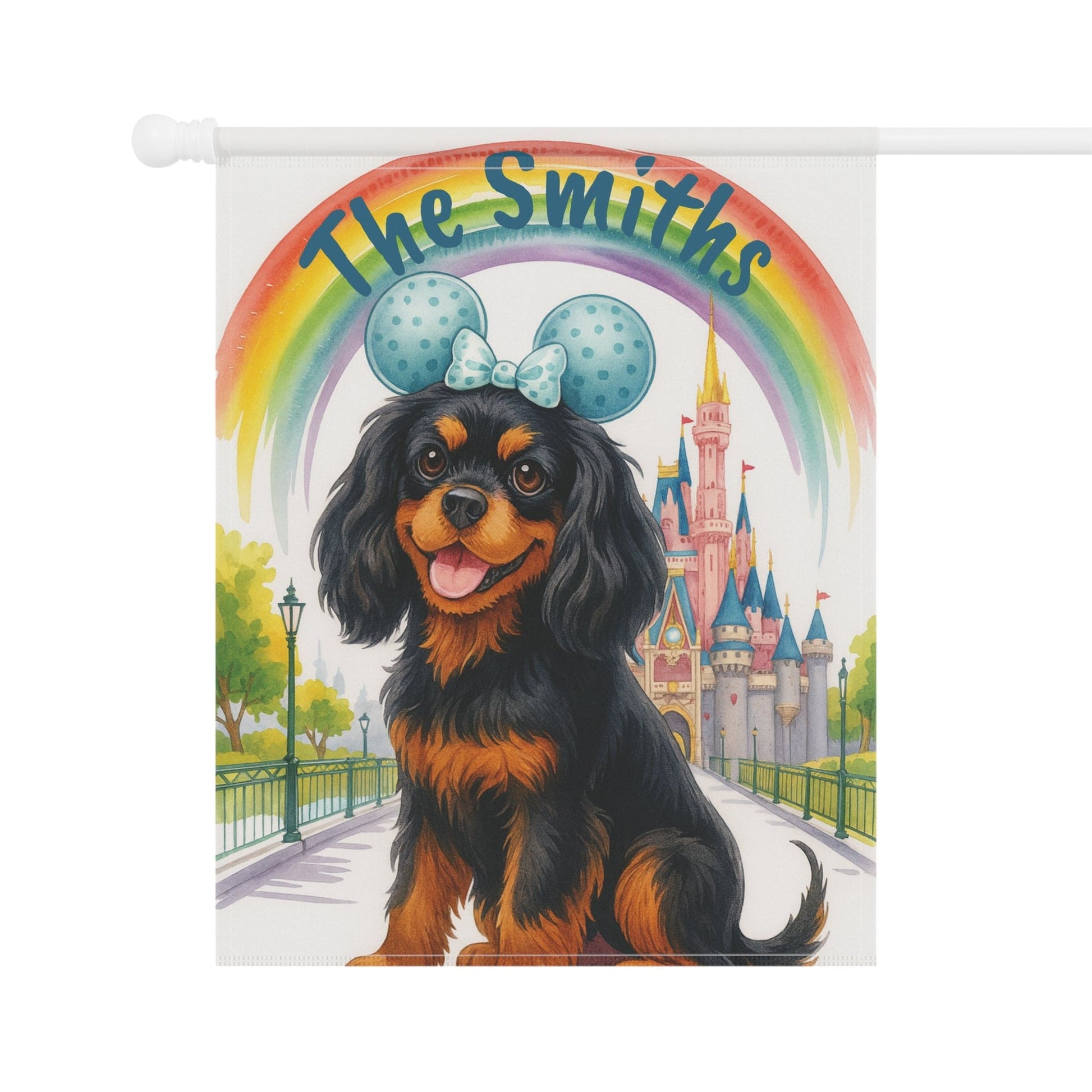 Printify Garden Flag Black and Tan Cavalier King Charles Magical Kingdom Garden Flag