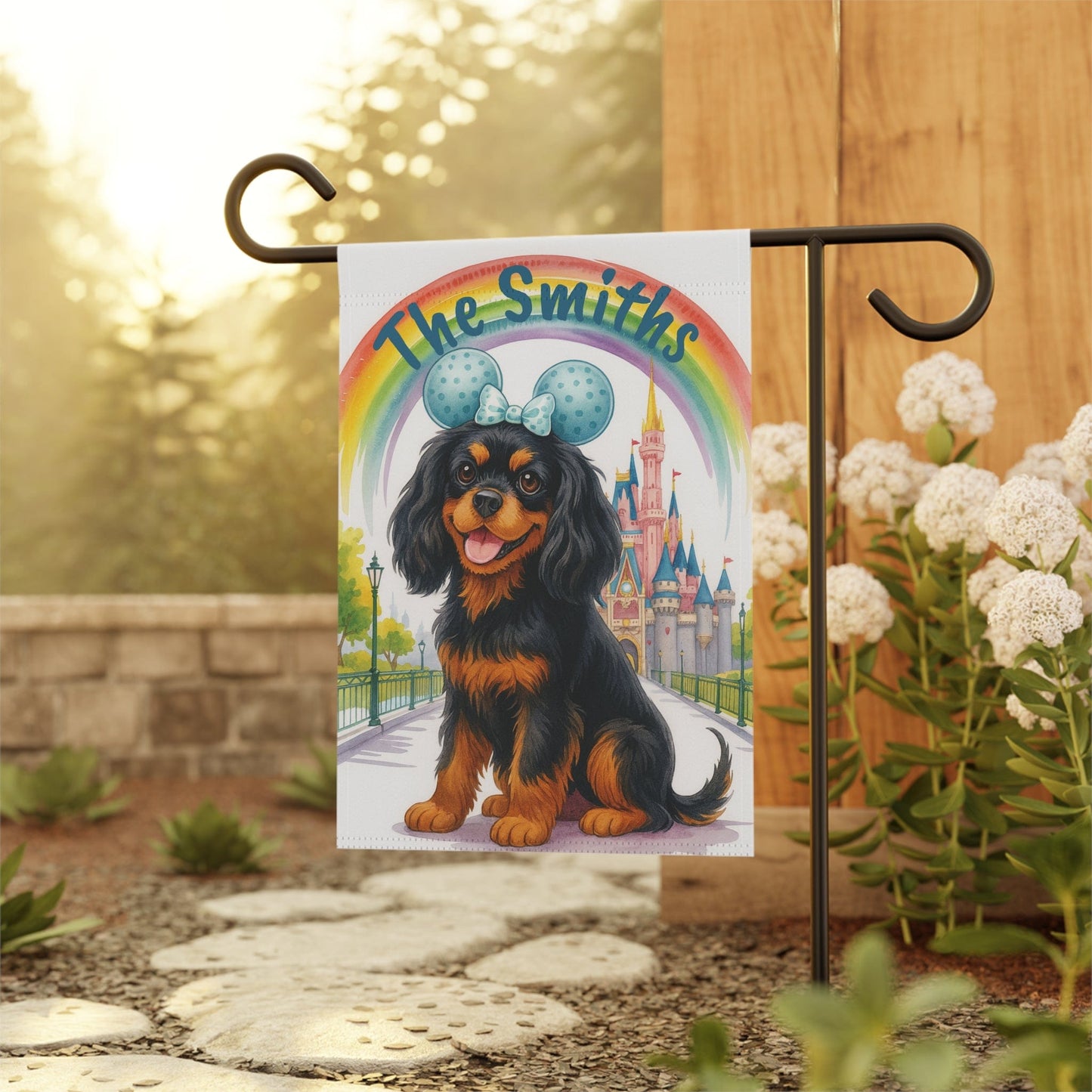 Printify Garden Flag Black and Tan Cavalier King Charles Magical Kingdom Garden Flag