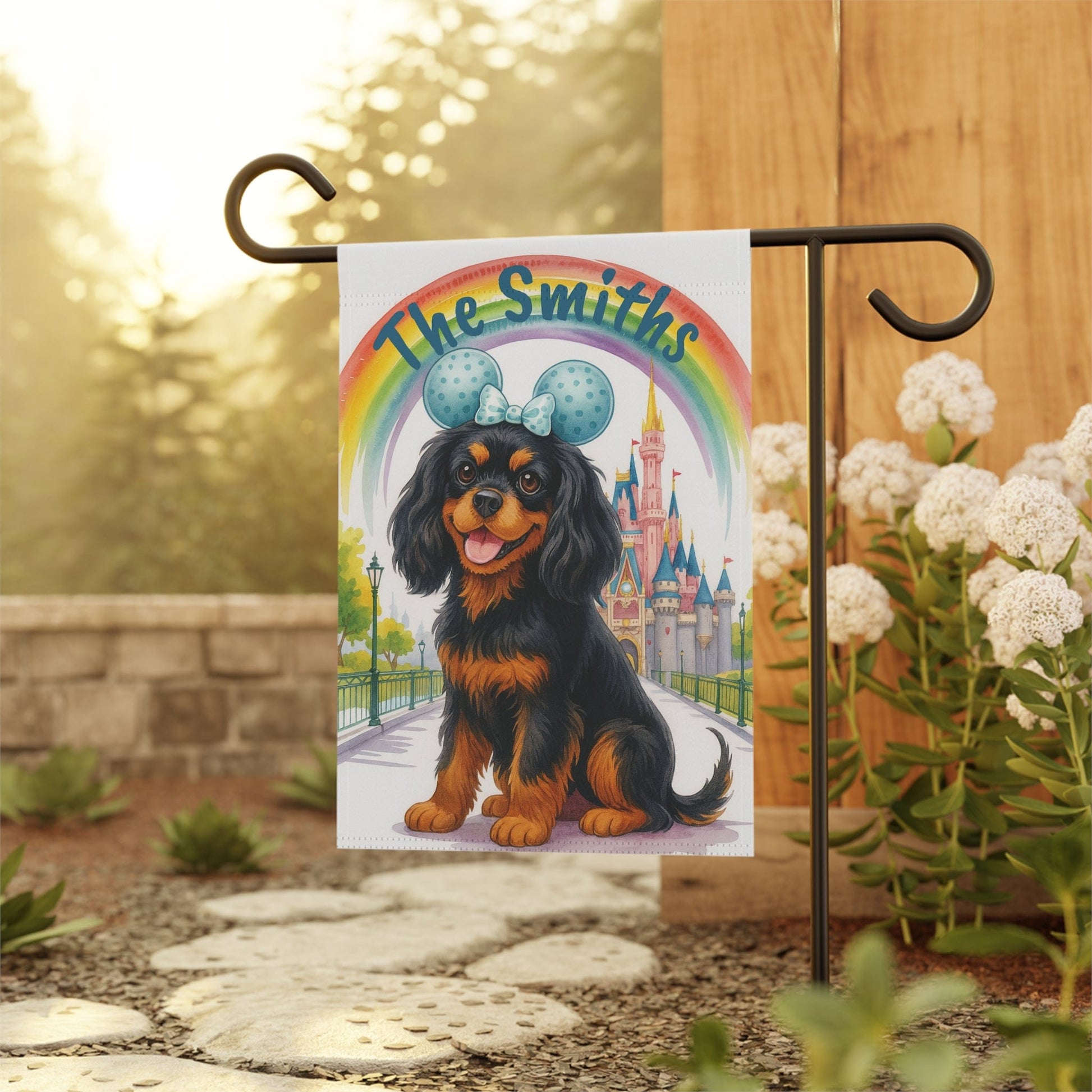 Printify Garden Flag Black and Tan Cavalier King Charles Magical Kingdom Garden Flag