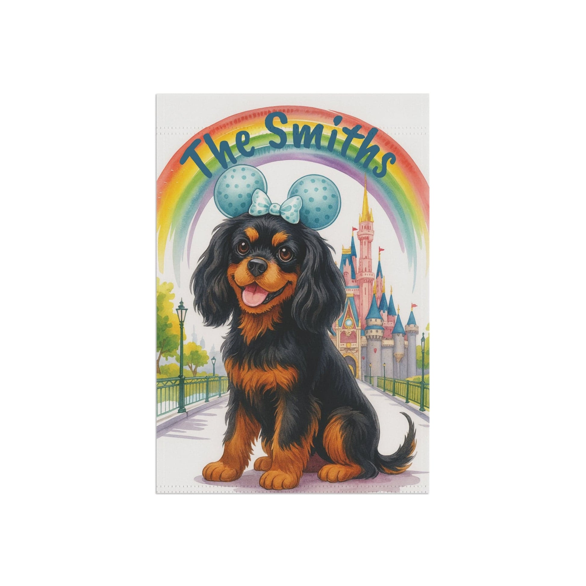 Printify Garden Flag Black and Tan Cavalier King Charles Magical Kingdom Garden Flag