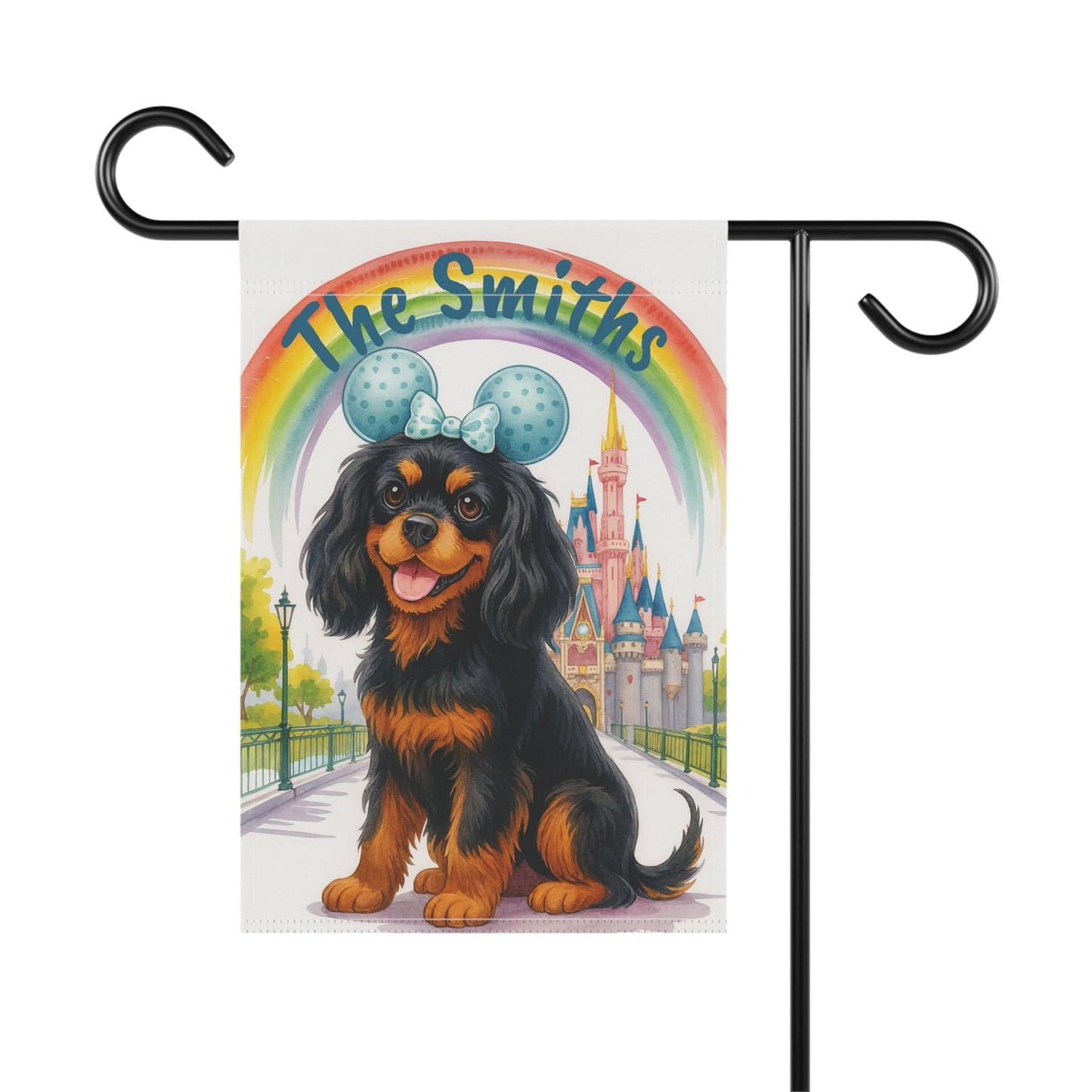 Printify Garden Flag Black and Tan Cavalier King Charles Magical Kingdom Garden Flag