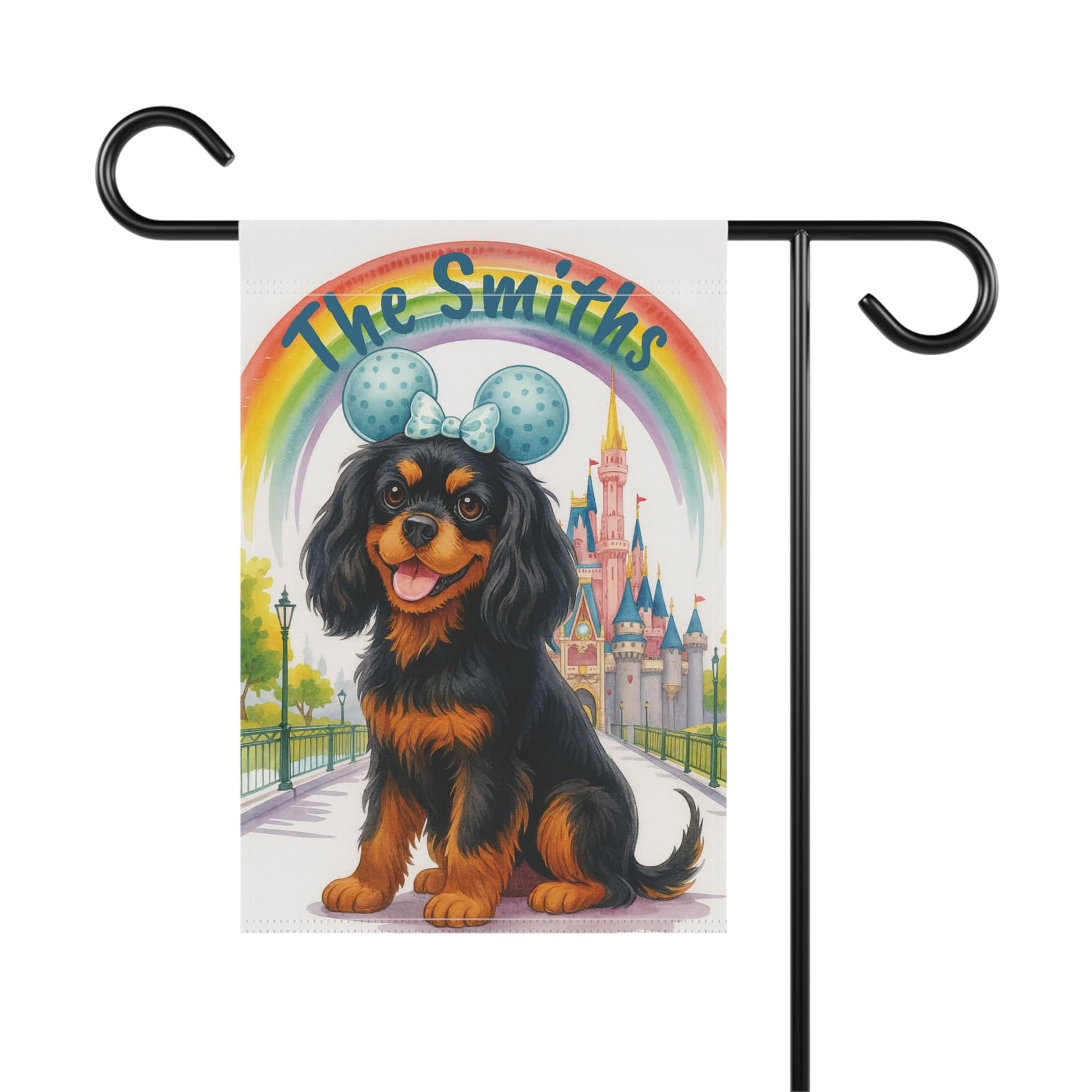 Printify Garden Flag Black and Tan Cavalier King Charles Magical Kingdom Garden Flag