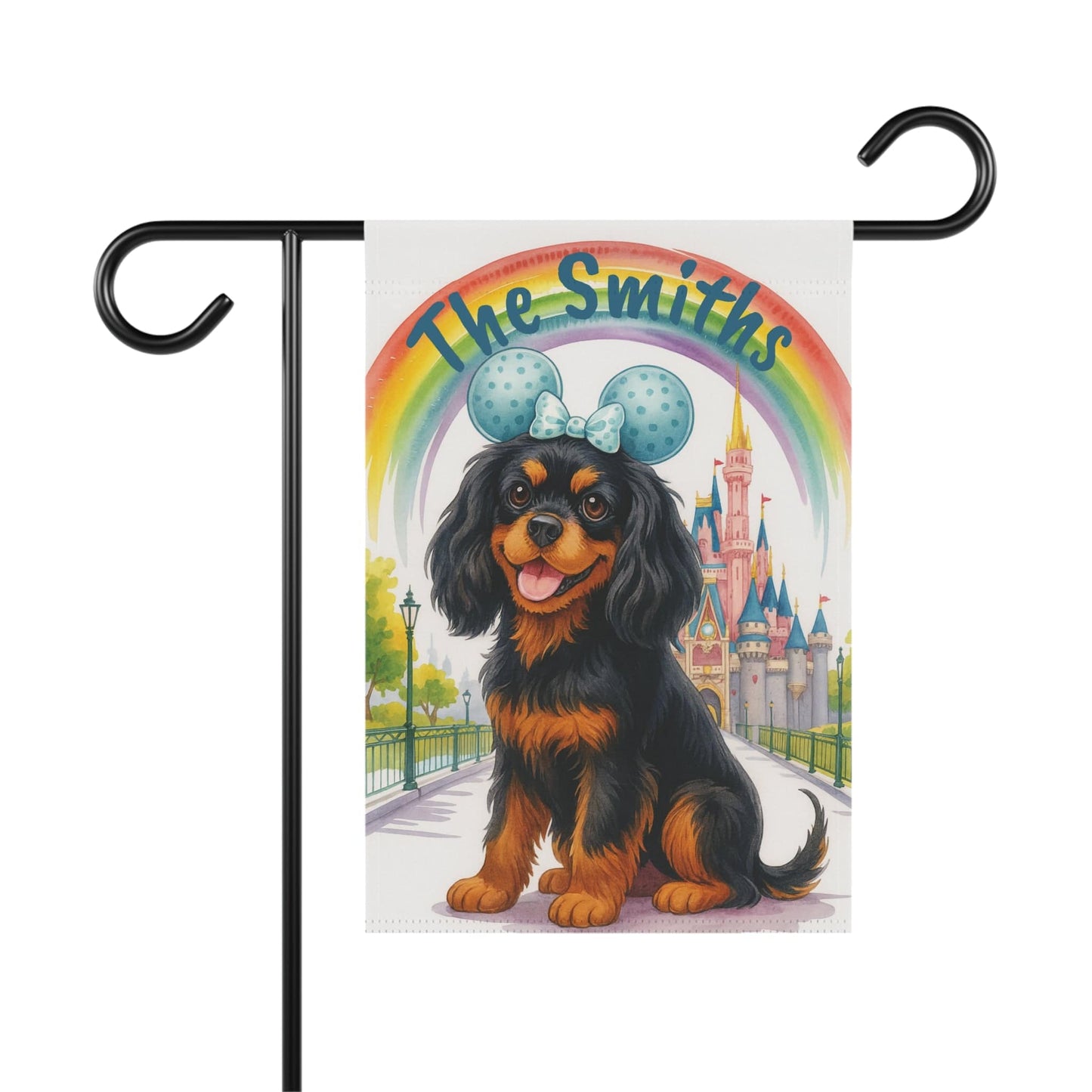 Printify Garden Flag Black and Tan Cavalier King Charles Magical Kingdom Garden Flag