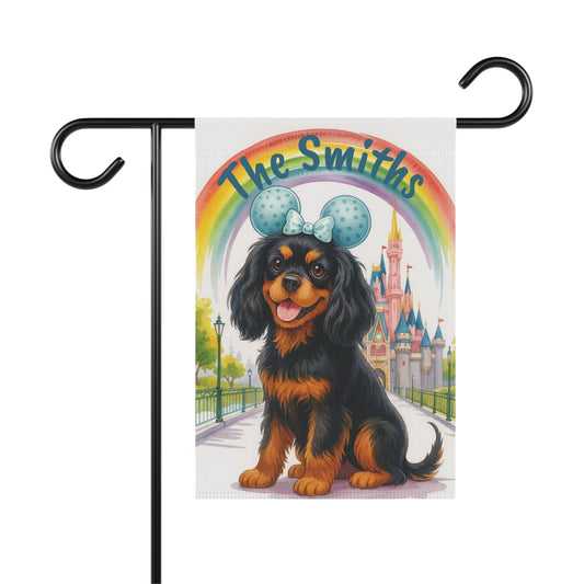 Printify Garden Flag Black and Tan Cavalier King Charles Magical Kingdom Garden Flag