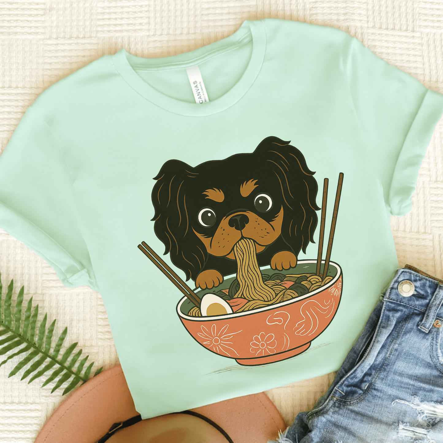 Printify T-Shirt Heather Mint / S Black and Tan Cavalier King Charles Ramen TShirt