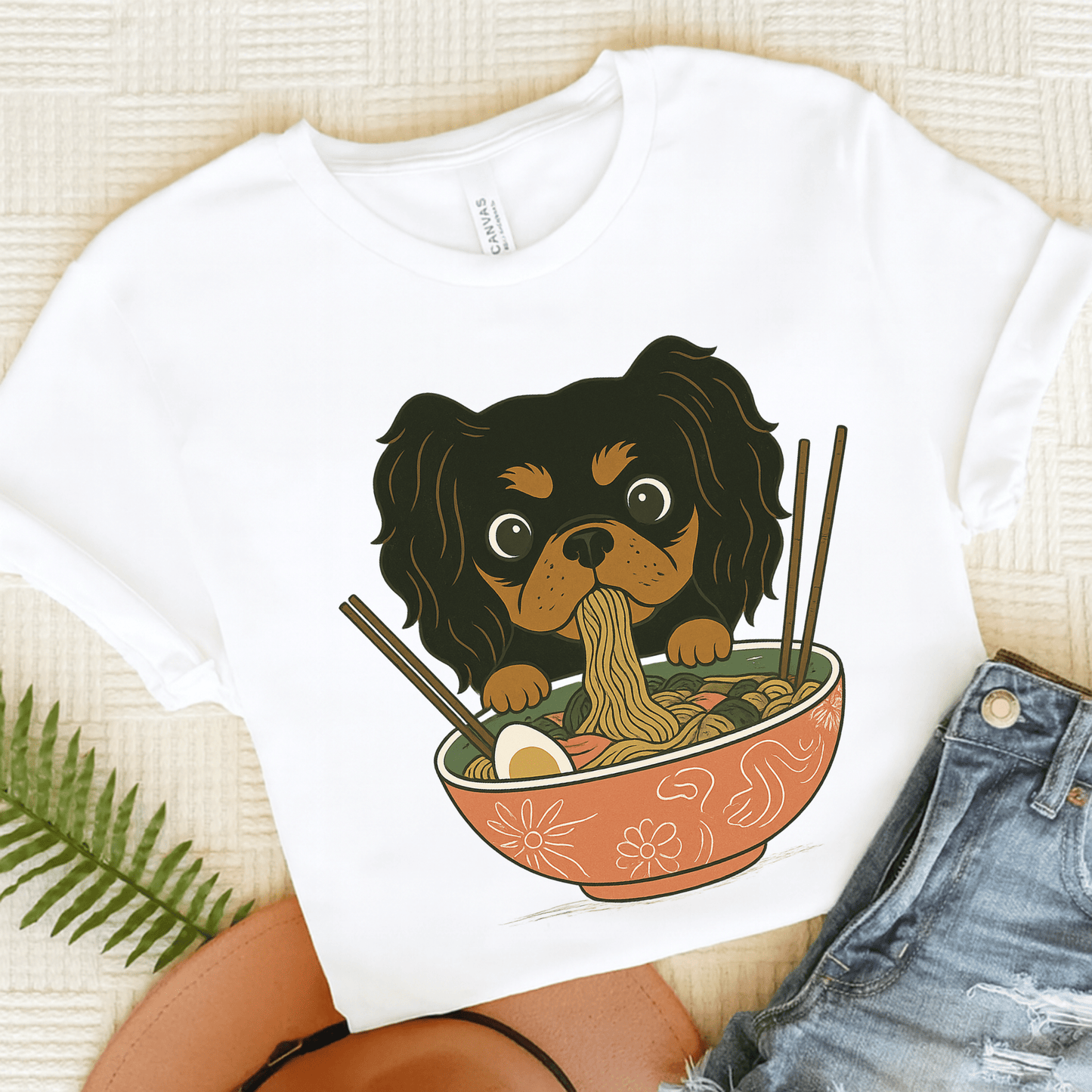 Printify T-Shirt White / S Black and Tan Cavalier King Charles Ramen TShirt