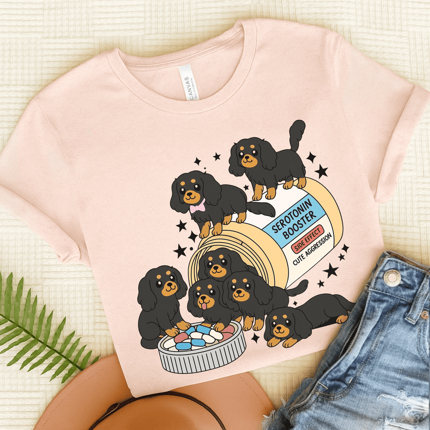 Black and Tan Cavalier King Charles Serotonin Tee Soft Pink