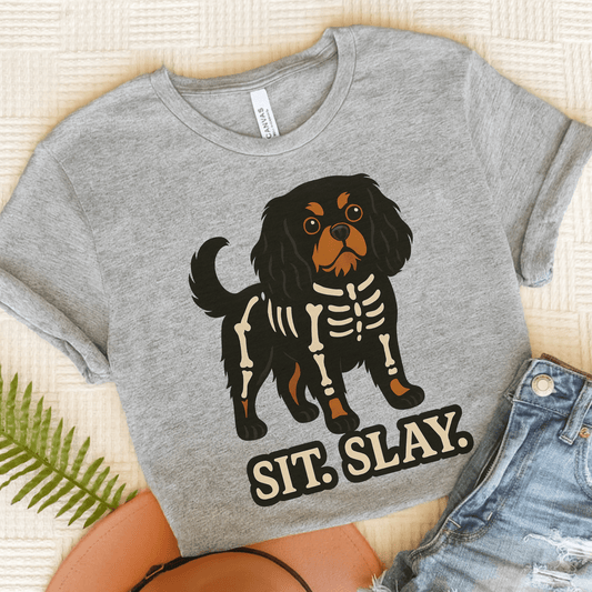 Printify T-Shirt Athletic Heather / S Black and Tan Cavalier King Charles Stay. Slay. Halloween TShirt