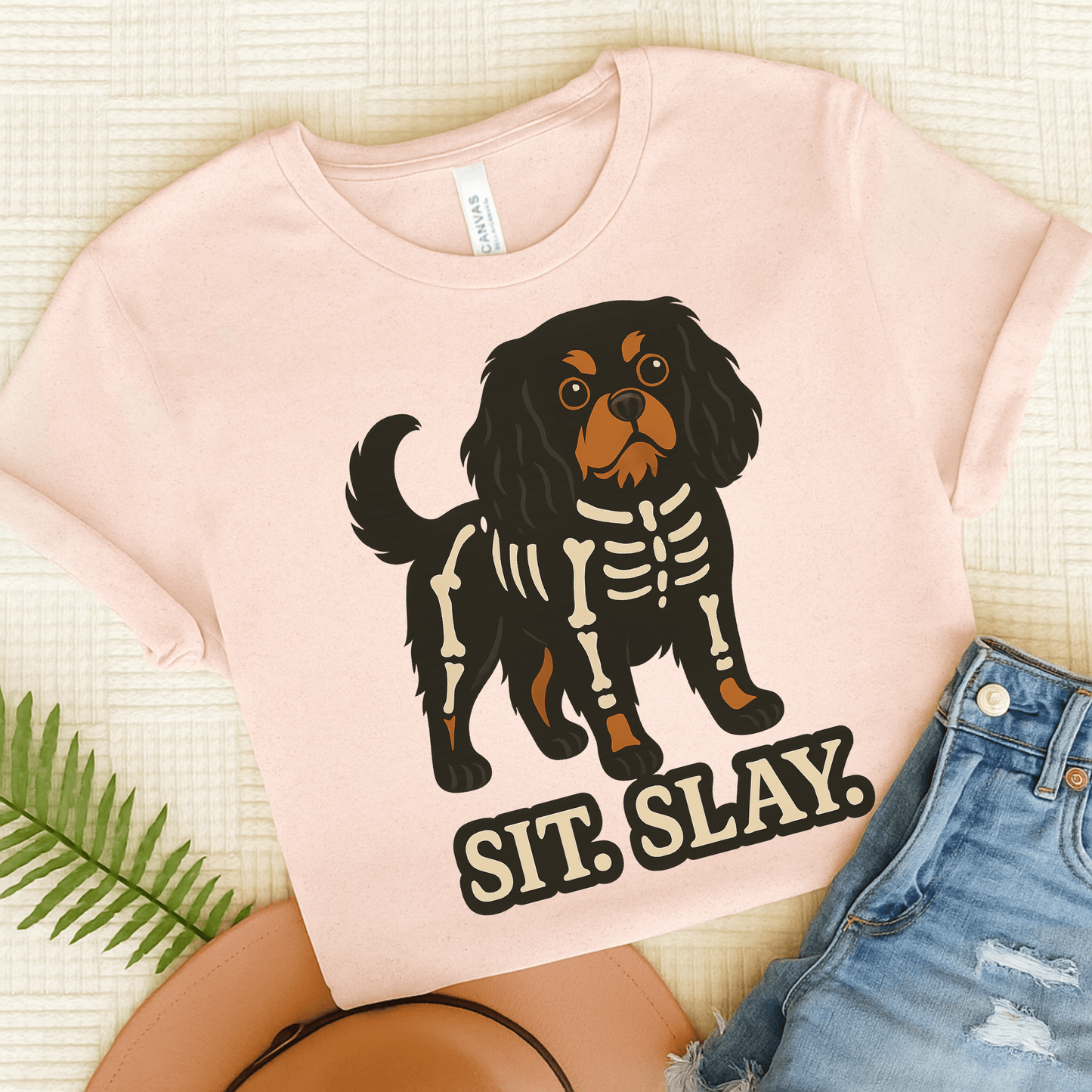 Printify T-Shirt Soft Pink / S Black and Tan Cavalier King Charles Stay. Slay. Halloween TShirt