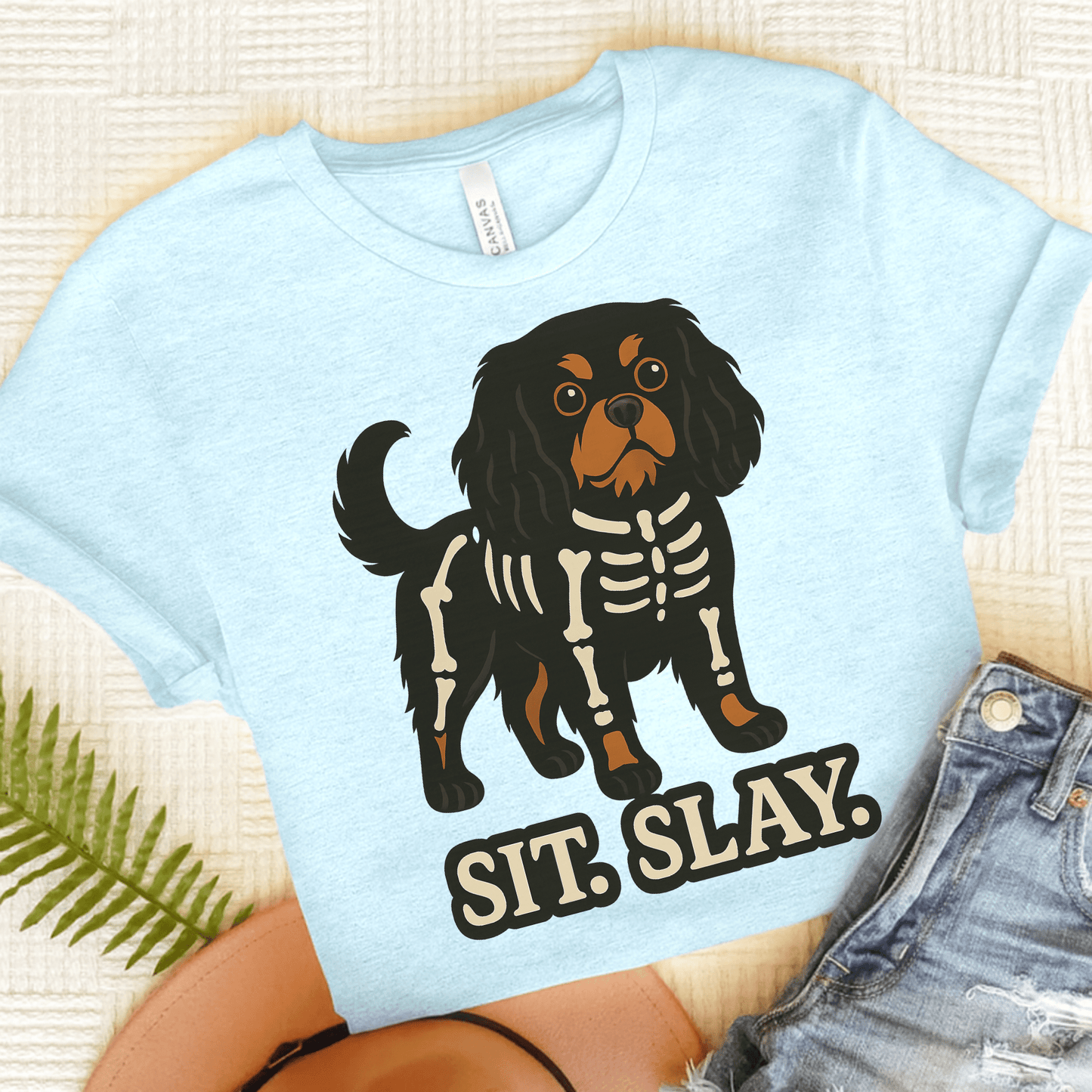 Printify T-Shirt Heather Ice Blue / S Black and Tan Cavalier King Charles Stay. Slay. Halloween TShirt
