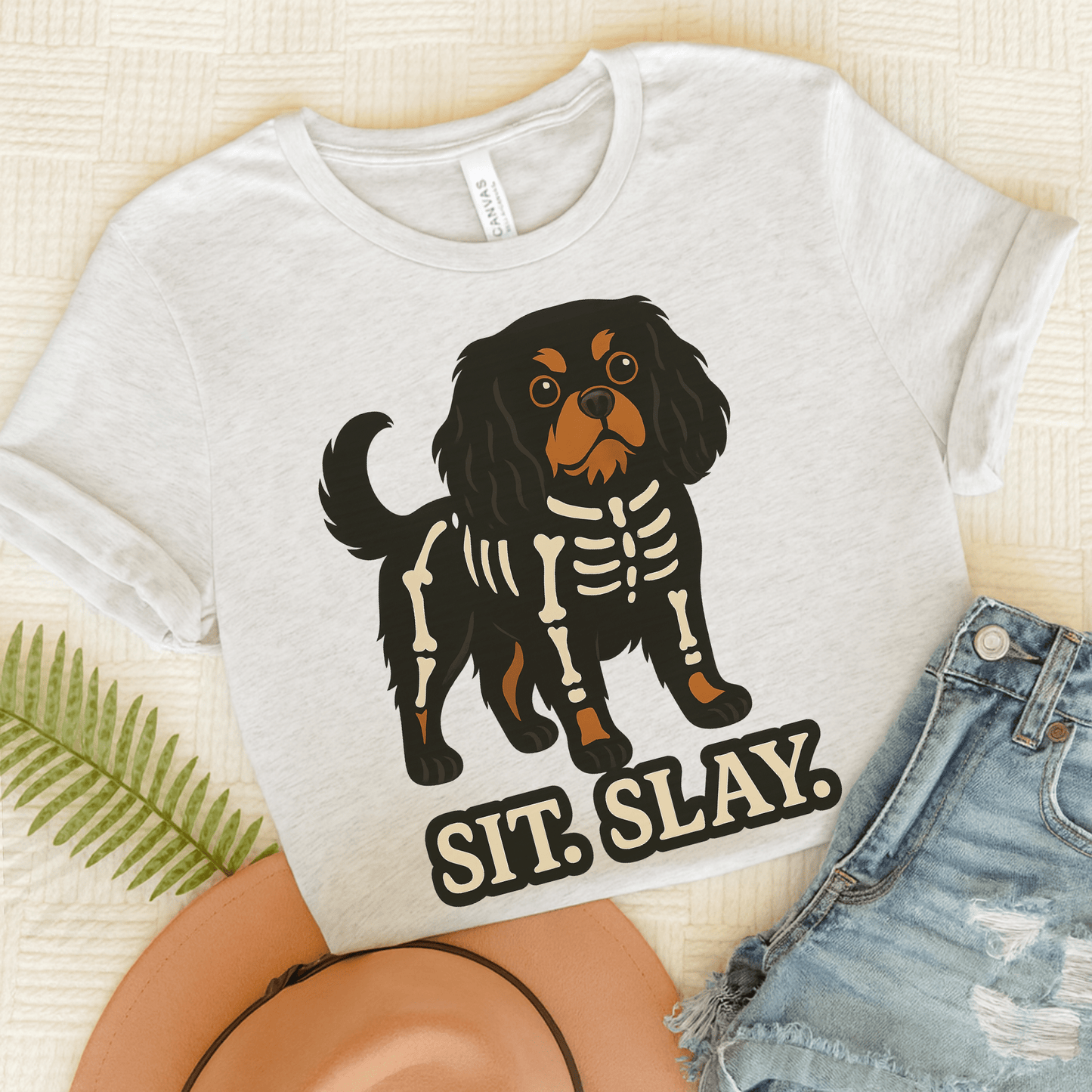 Printify T-Shirt Ash / S Black and Tan Cavalier King Charles Stay. Slay. Halloween TShirt