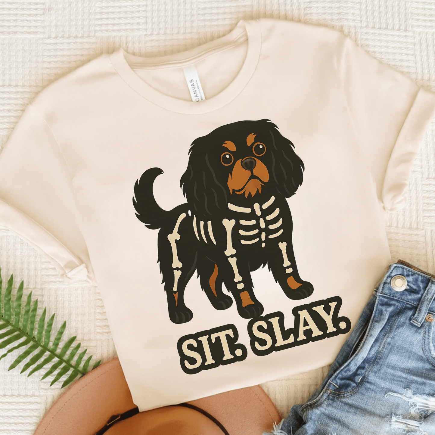 Printify T-Shirt Natural / S Black and Tan Cavalier King Charles Stay. Slay. Halloween TShirt