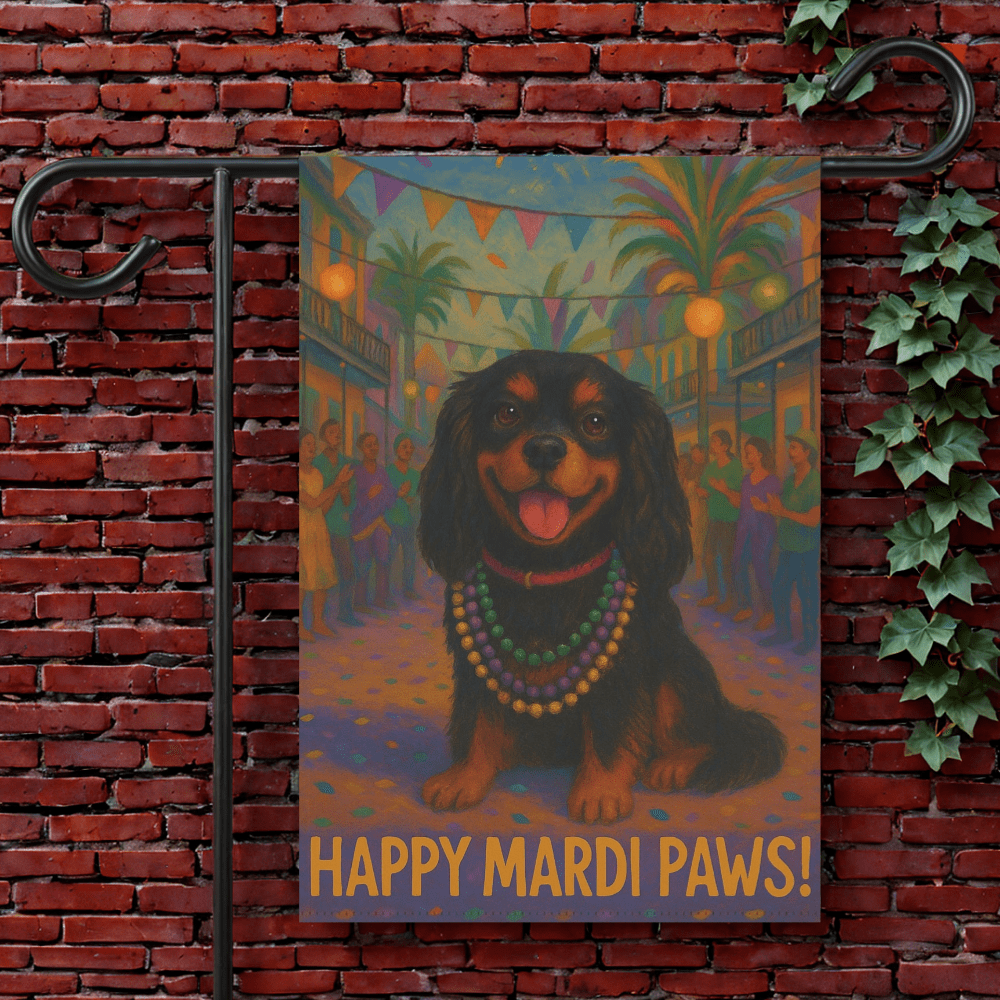 Black and Tan Cavalier Mardi Paws Garden Flag 12'' × 18''