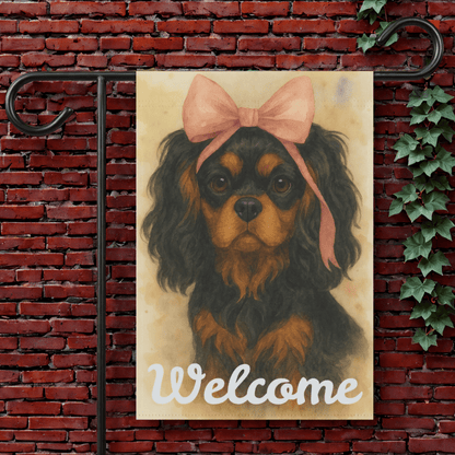 Black and Tan Cavalier Pink Coquette Garden Flag 12'' × 18''