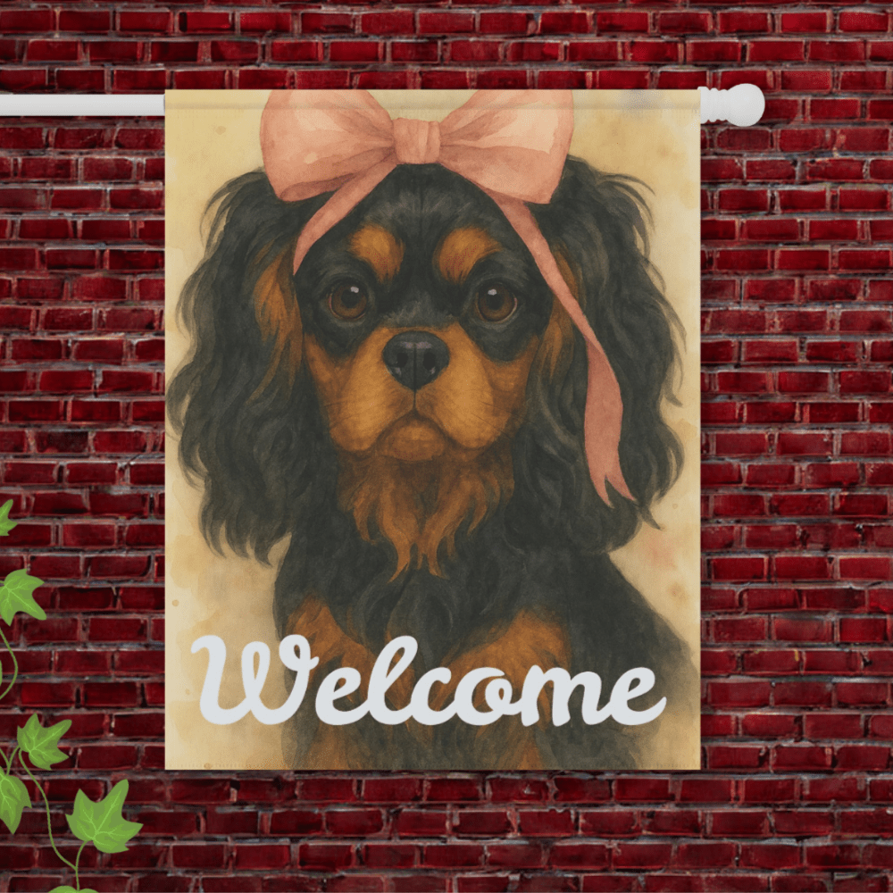 Black and Tan Cavalier Pink Coquette Garden Flag 24.5'' × 32''