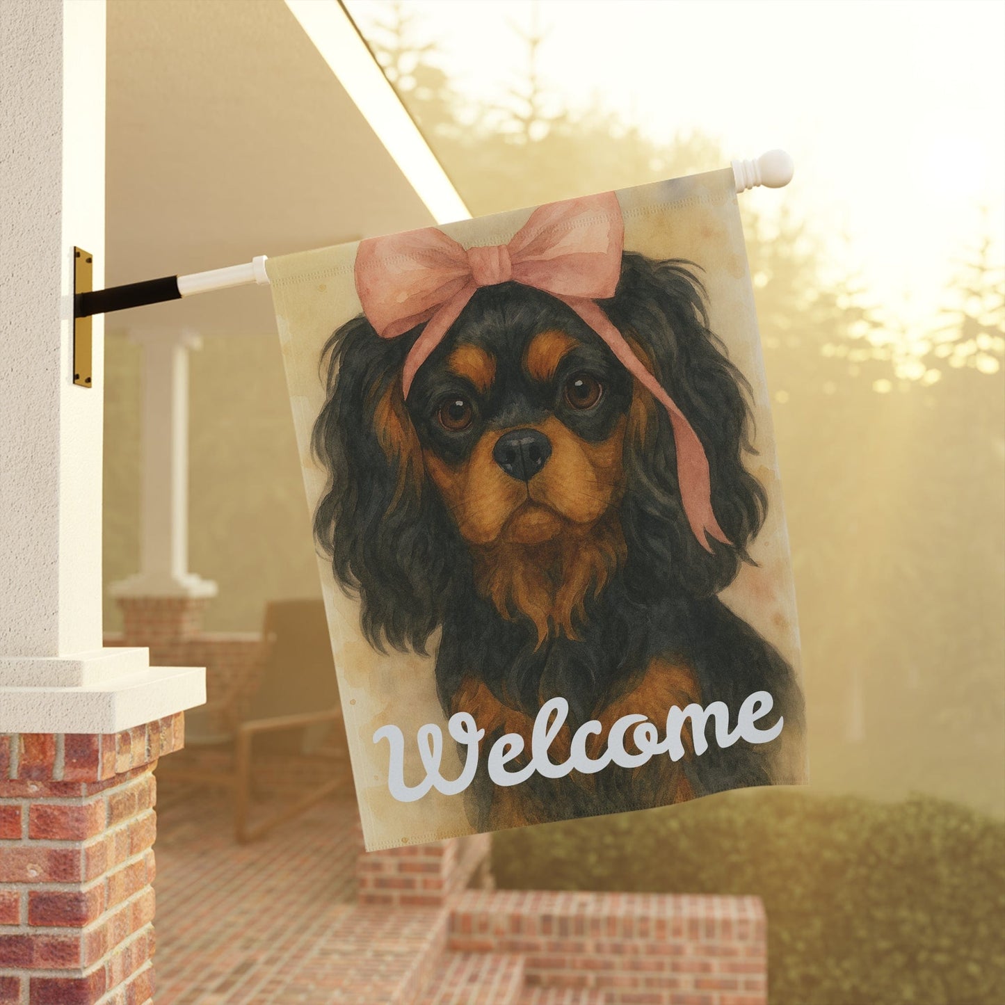 Black and Tan Cavalier Pink Coquette Garden Flag