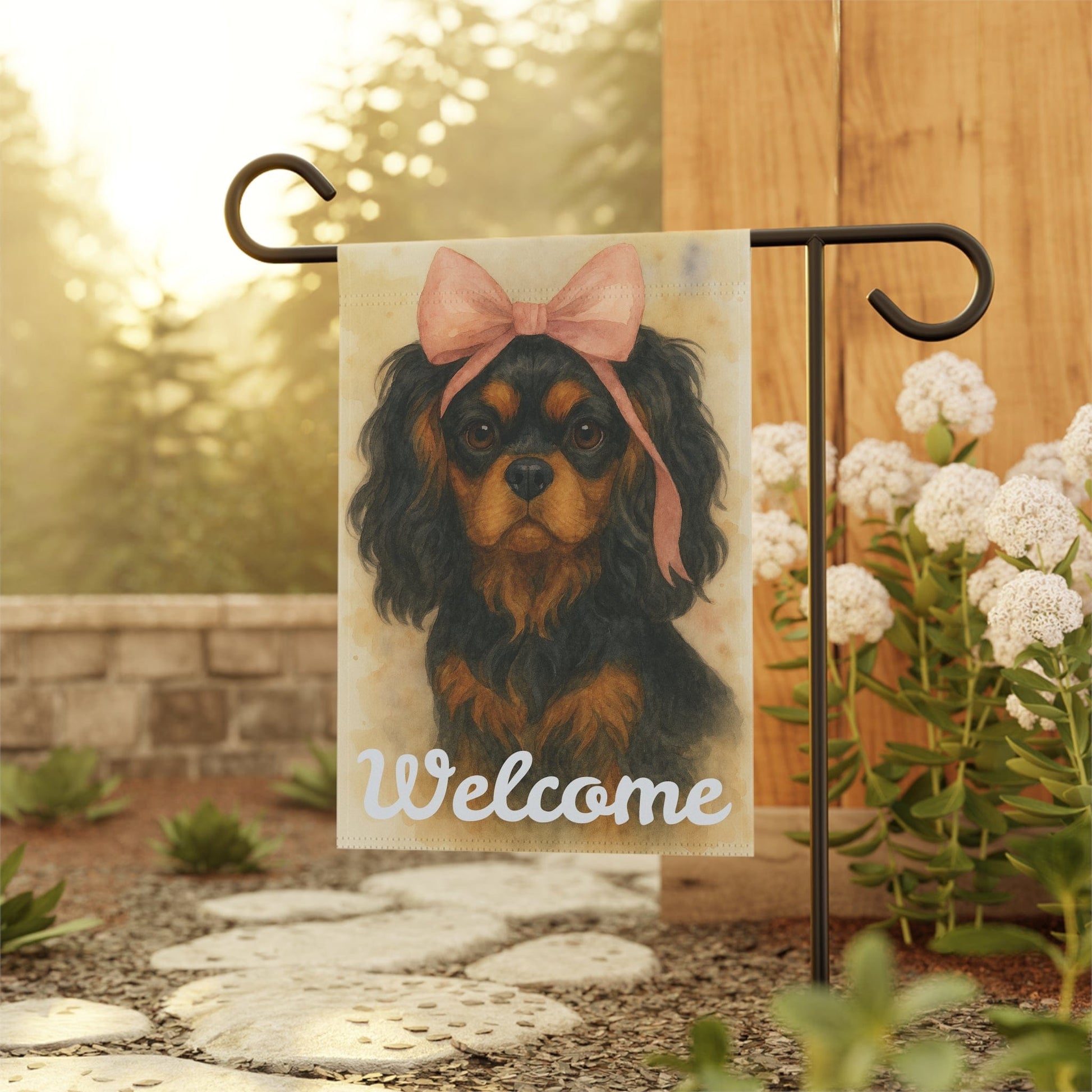 Black and Tan Cavalier Pink Coquette Garden Flag