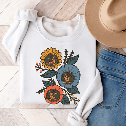 Black and Tan Cavalier Sleeping Flowers Sweatshirt White