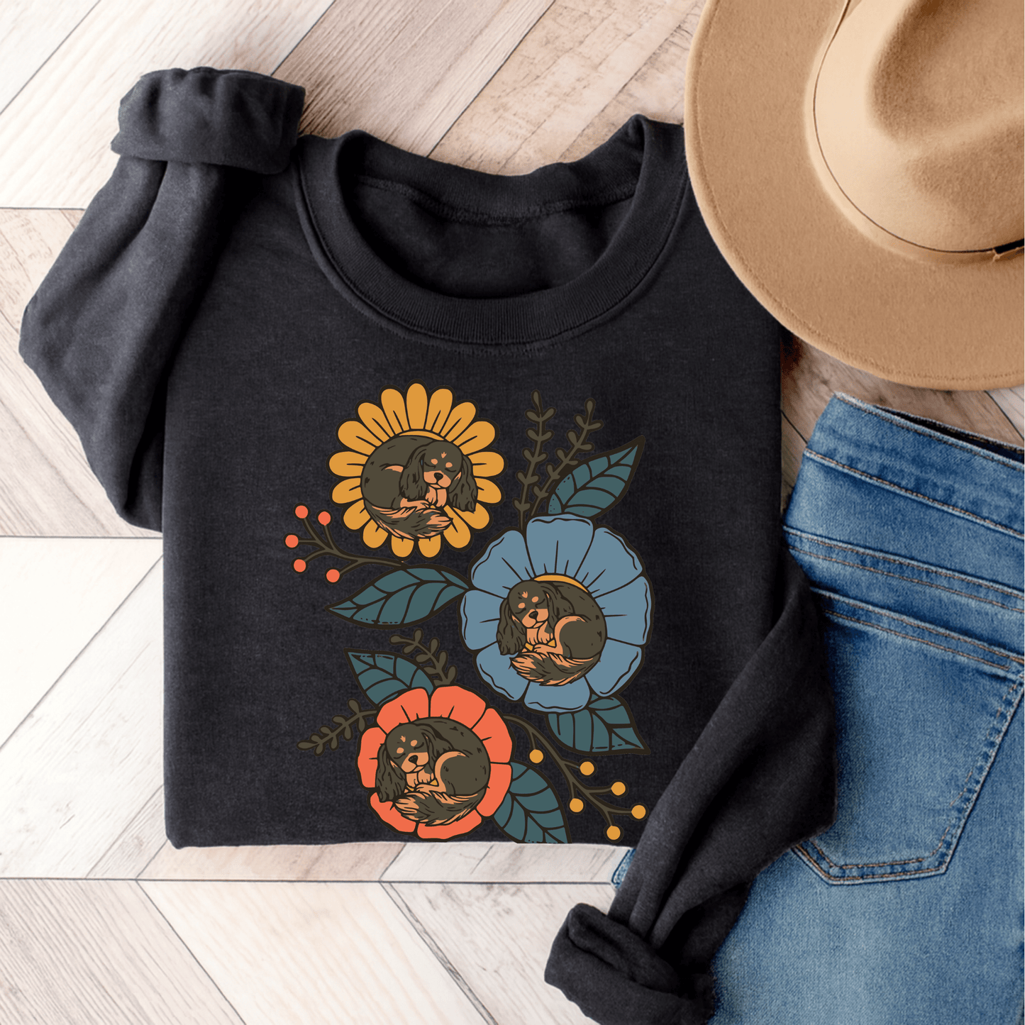 Black and Tan Cavalier Sleeping Flowers Sweatshirt Dark Heather