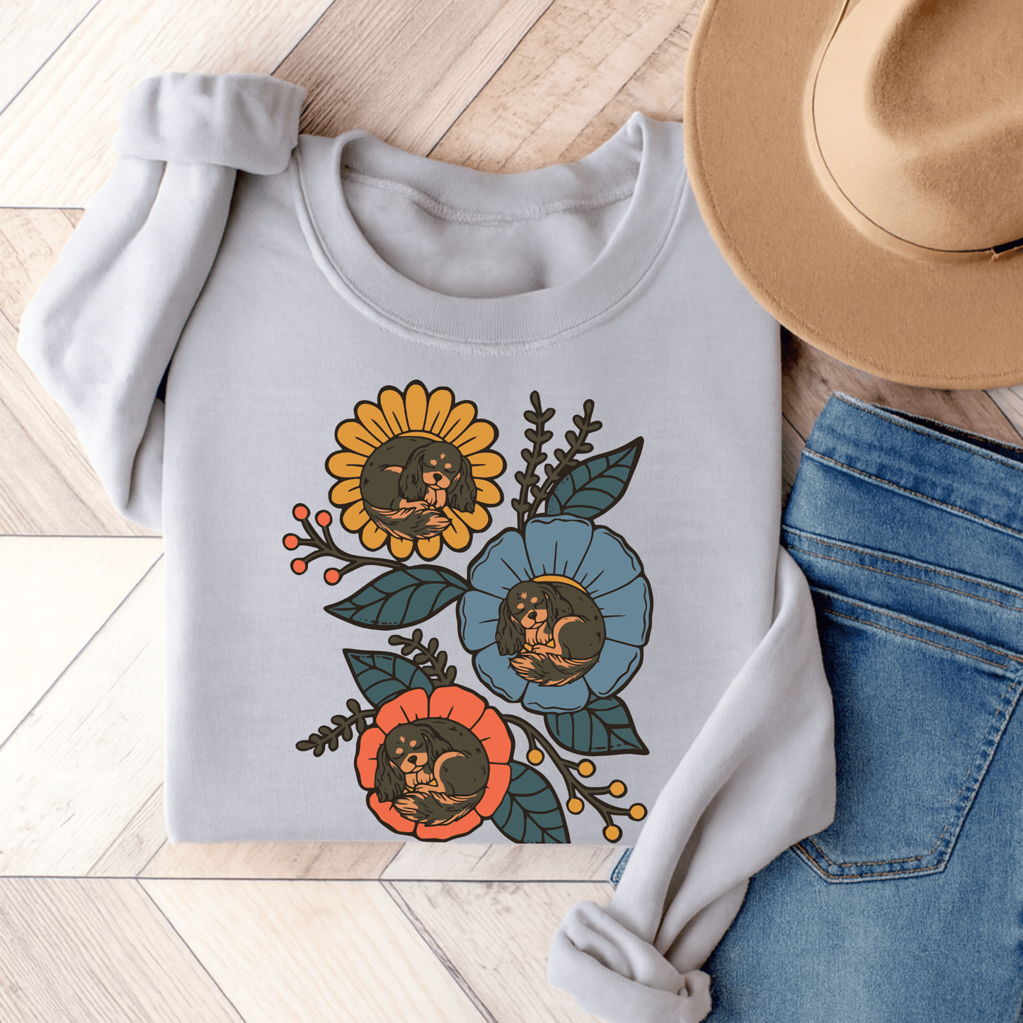 Black and Tan Cavalier Sleeping Flowers Sweatshirt Ash