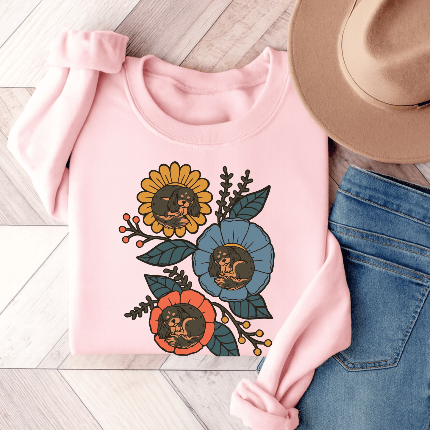Black and Tan Cavalier Sleeping Flowers Sweatshirt Light Pink