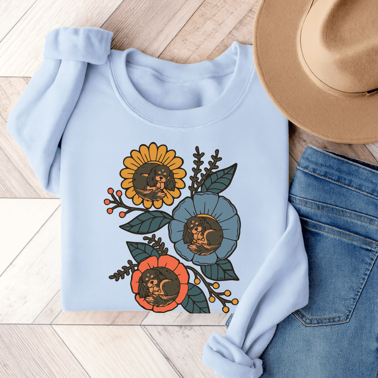 Black and Tan Cavalier Sleeping Flowers Sweatshirt Light Blue