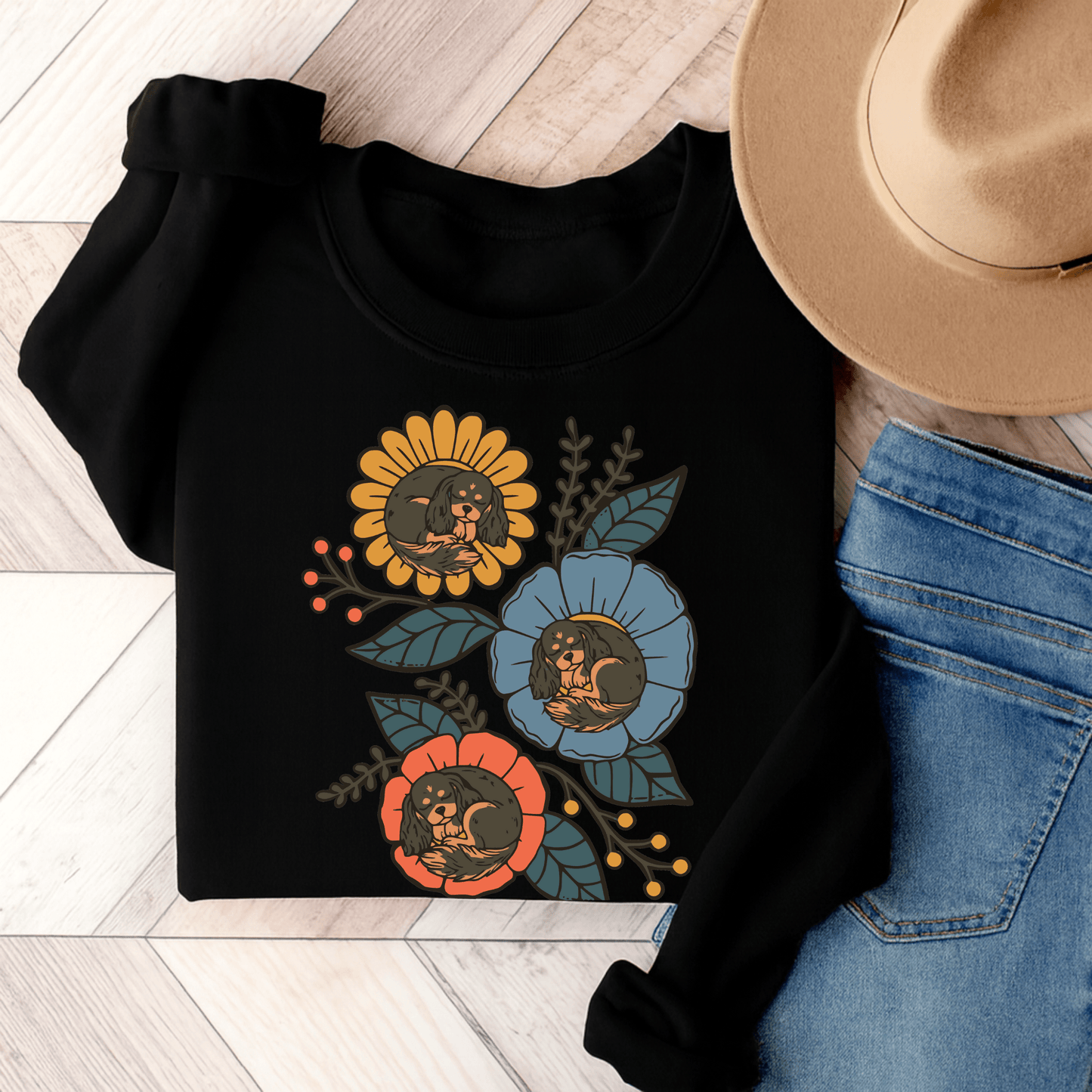 Black and Tan Cavalier Sleeping Flowers Sweatshirt Black