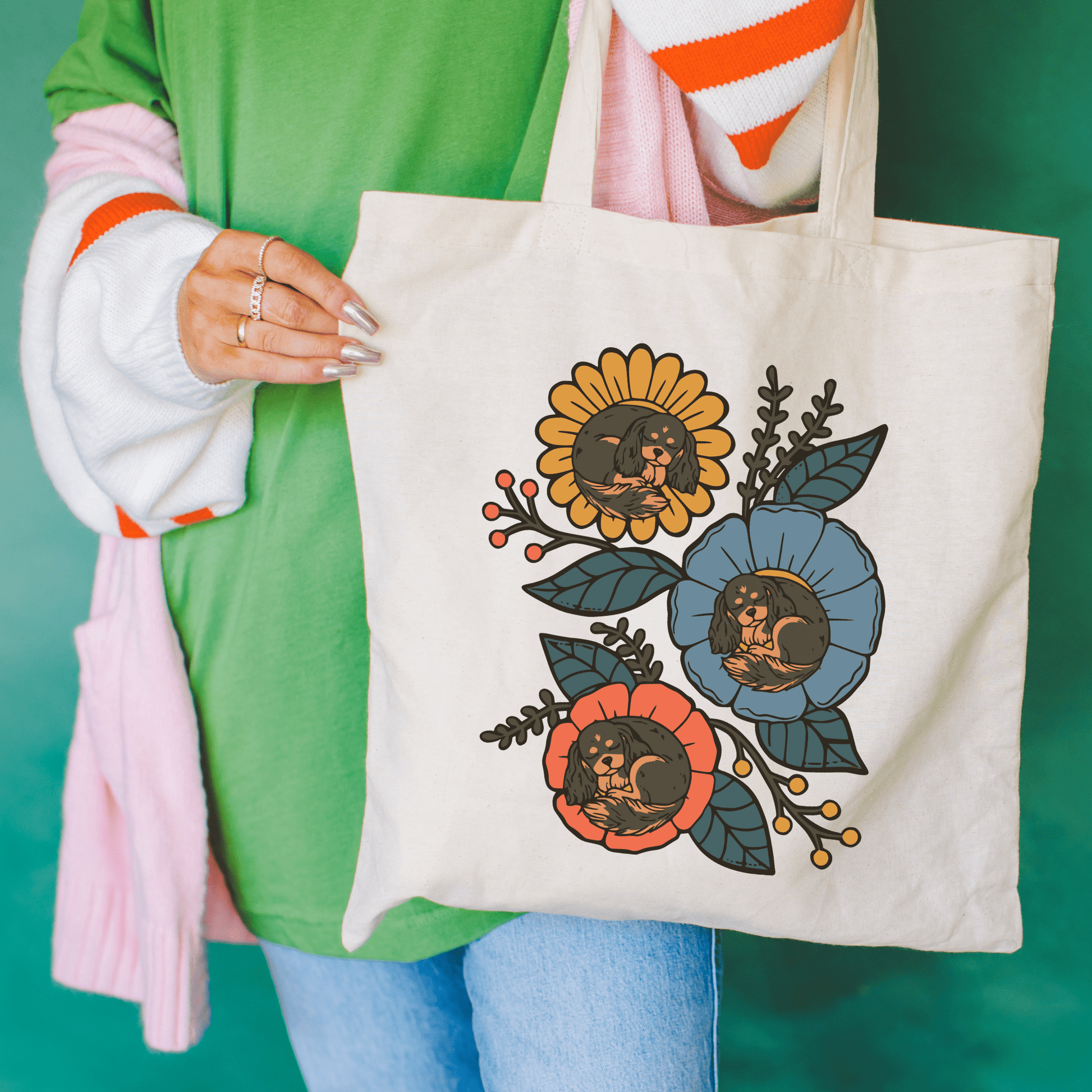 Black and Tan Cavalier Sleeping Flowers Tote Bag Natural 15" x 16"