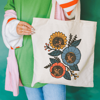 Black and Tan Cavalier Sleeping Flowers Tote Bag Natural 15" x 16"