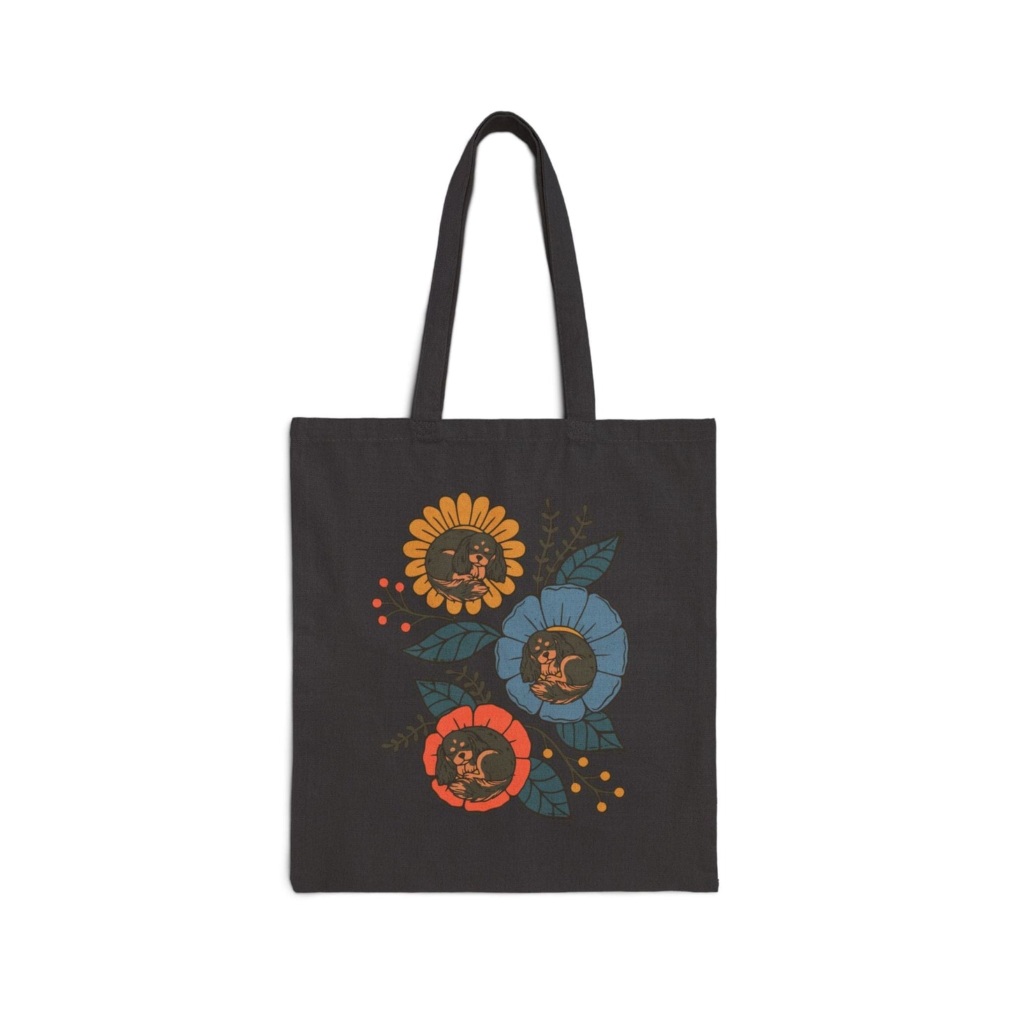 Black and Tan Cavalier Sleeping Flowers Tote Bag