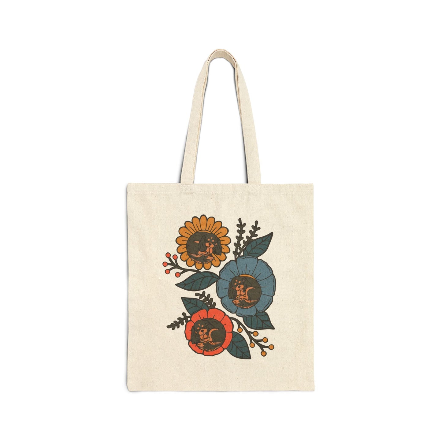 Black and Tan Cavalier Sleeping Flowers Tote Bag