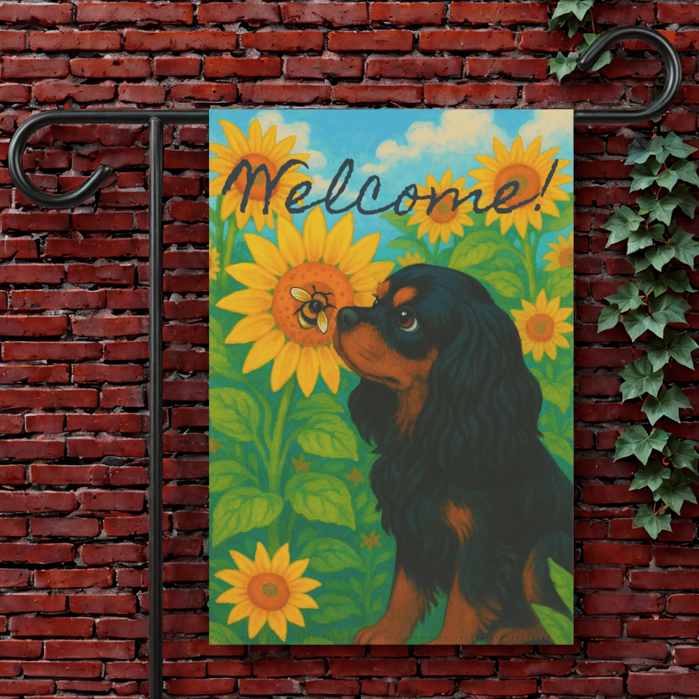 Black and Tan Cavalier Sunflower Garden Flag 12'' × 18''