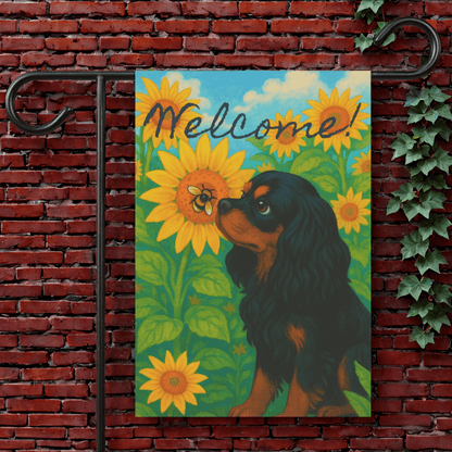 Black and Tan Cavalier Sunflower Garden Flag 12'' × 18''