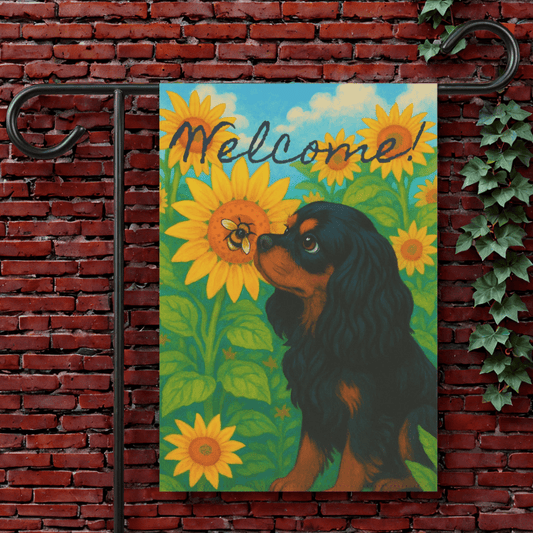 Black and Tan Cavalier Sunflower Garden Flag 12'' × 18''