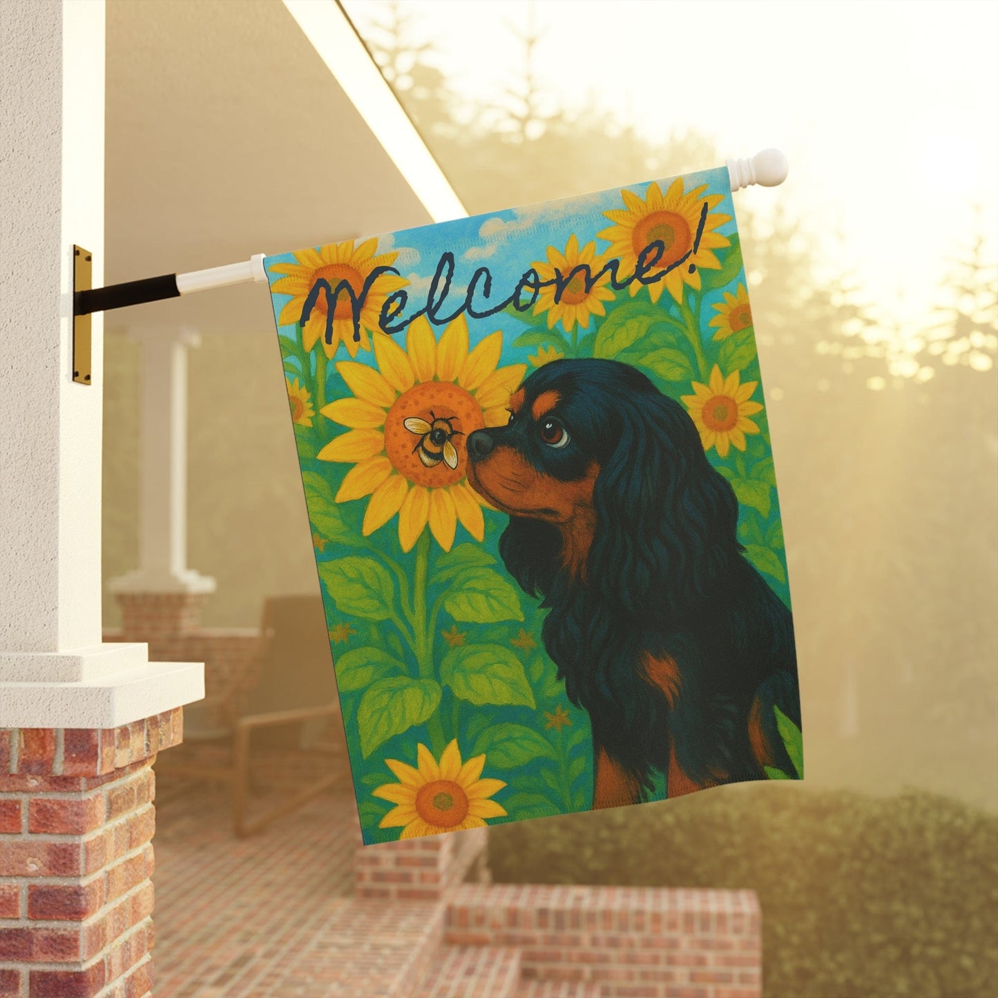 Black and Tan Cavalier Sunflower Garden Flag