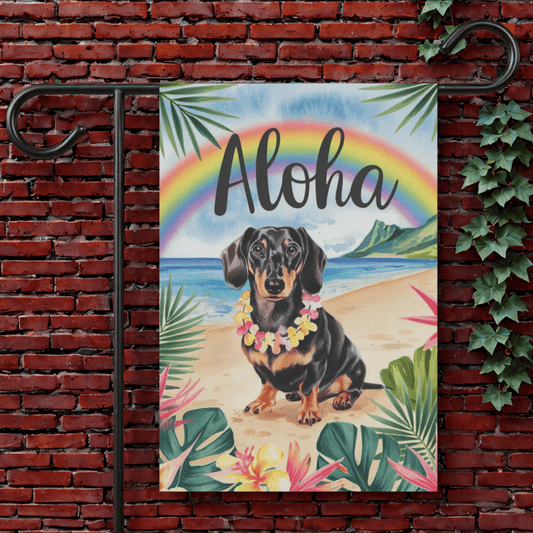 Black and Tan Dachshund Hawaii Garden Flag 12'' × 18''