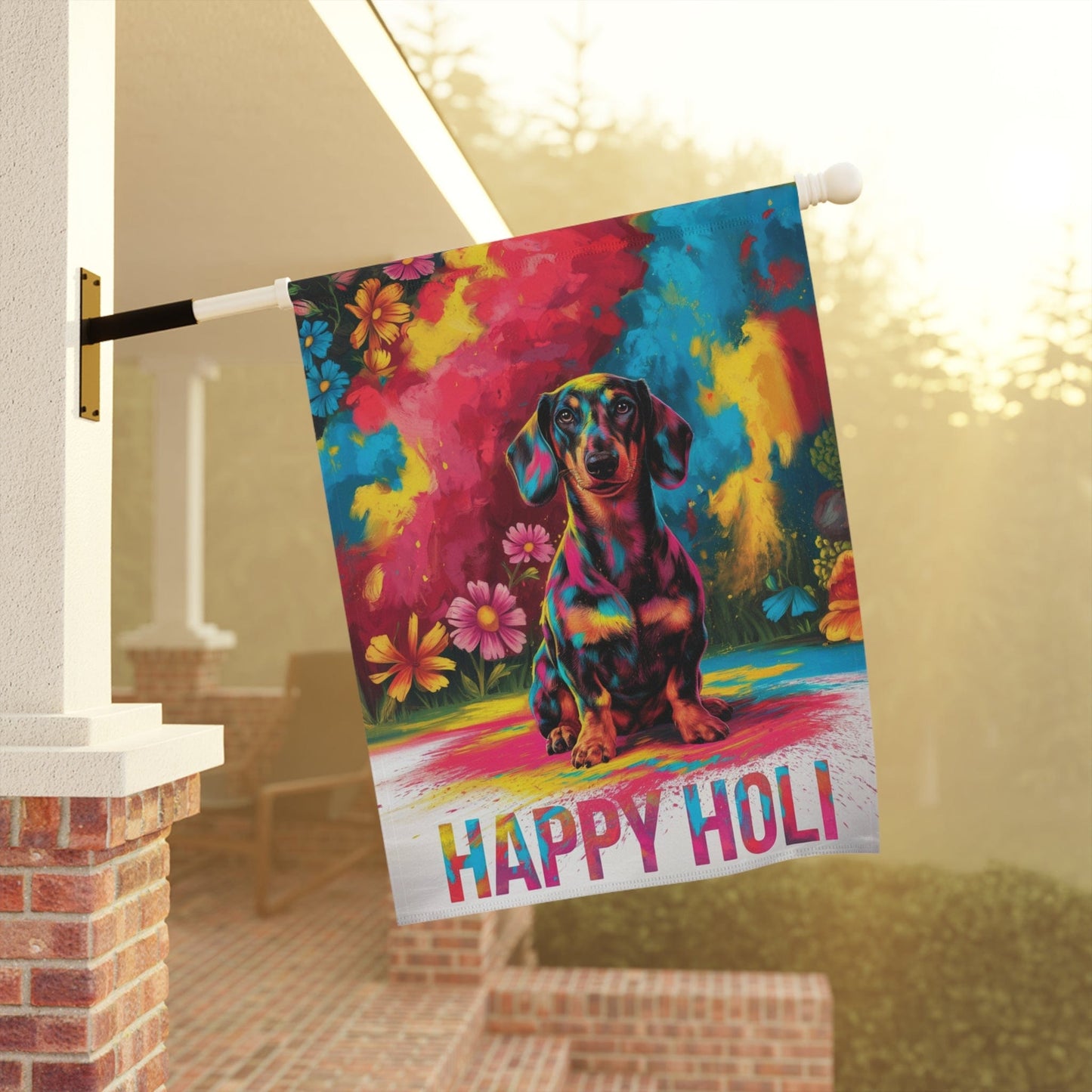 Printify Garden Flag Black and Tan Dachshund Holi Festival Garden Flag, Indian Celebrations Funny