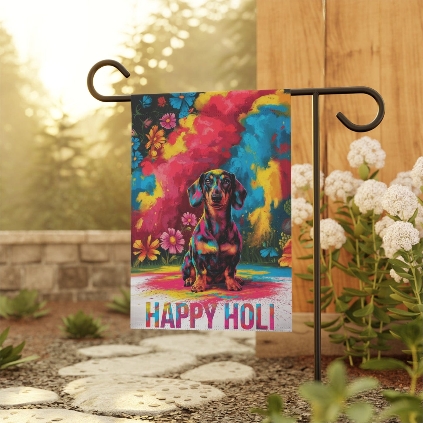 Printify Garden Flag Black and Tan Dachshund Holi Festival Garden Flag, Indian Celebrations Funny