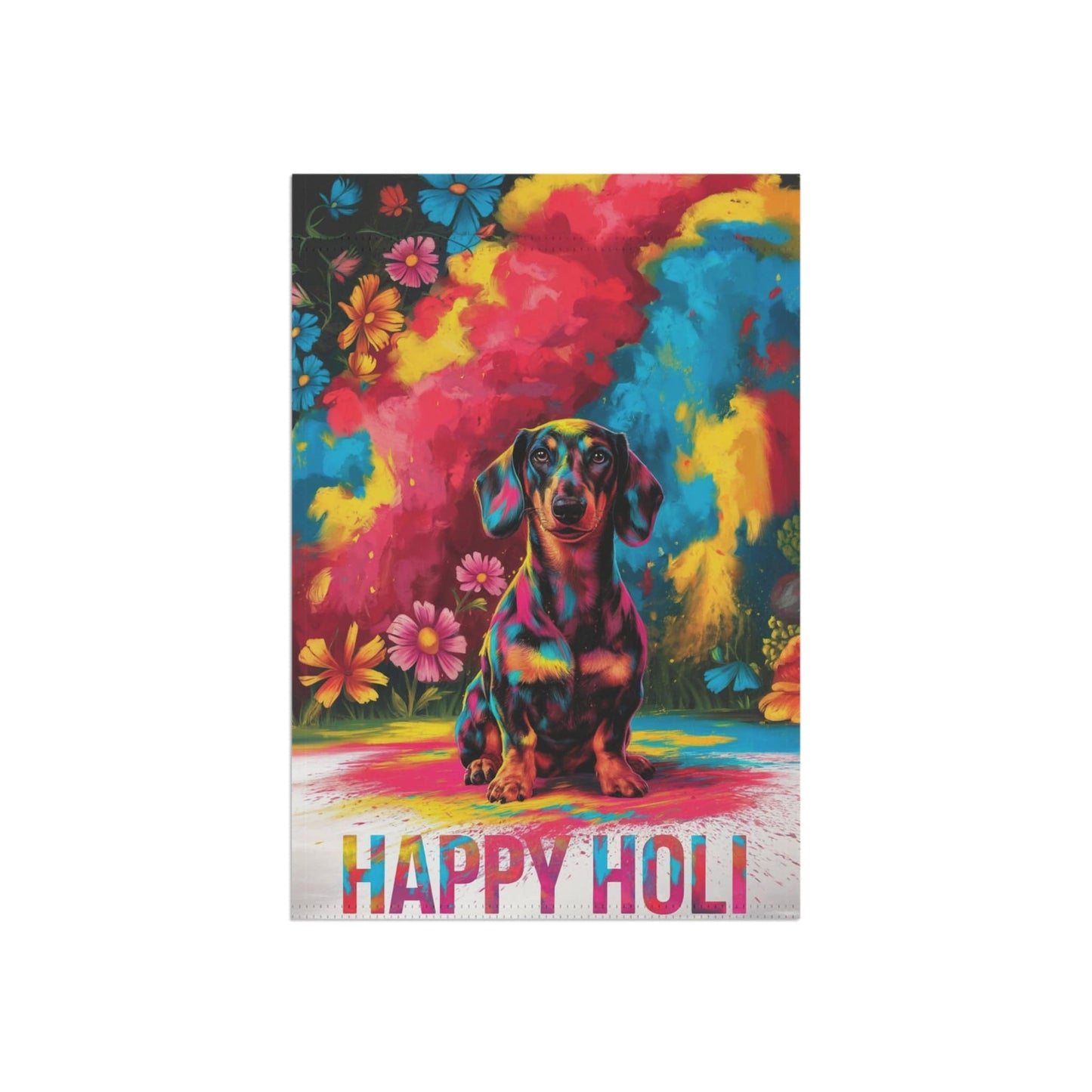 Printify Garden Flag Black and Tan Dachshund Holi Festival Garden Flag, Indian Celebrations Funny