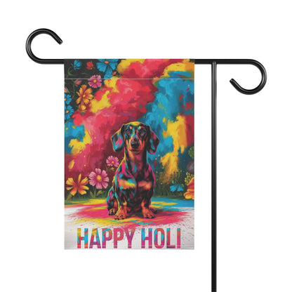 Printify Garden Flag Black and Tan Dachshund Holi Festival Garden Flag, Indian Celebrations Funny