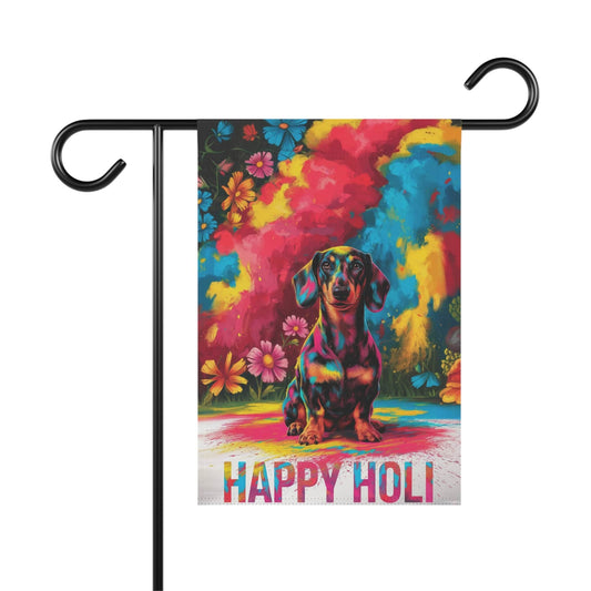 Printify Garden Flag 12'' × 18'' Black and Tan Dachshund Holi Festival Garden Flag, Indian Celebrations Funny
