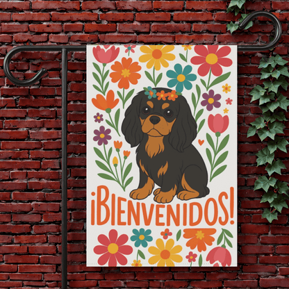 Printify Garden Flag 12'' × 18'' Black and Tan King Charles Bienvenidos Garden Flag