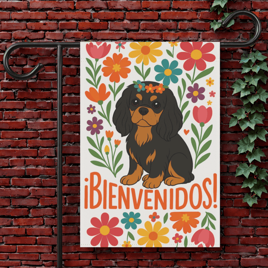 Printify Garden Flag 12'' × 18'' Black and Tan King Charles Bienvenidos Garden Flag