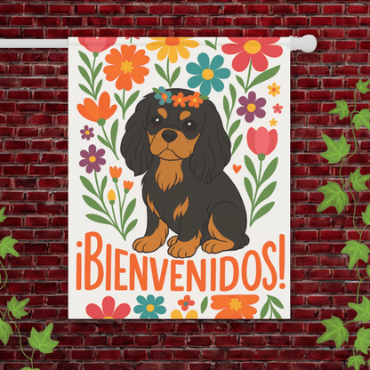 Printify Garden Flag 24.5'' × 32'' Black and Tan King Charles Bienvenidos Garden Flag
