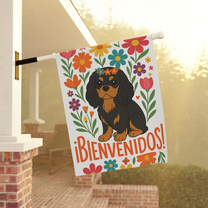 Printify Garden Flag Black and Tan King Charles Bienvenidos Garden Flag